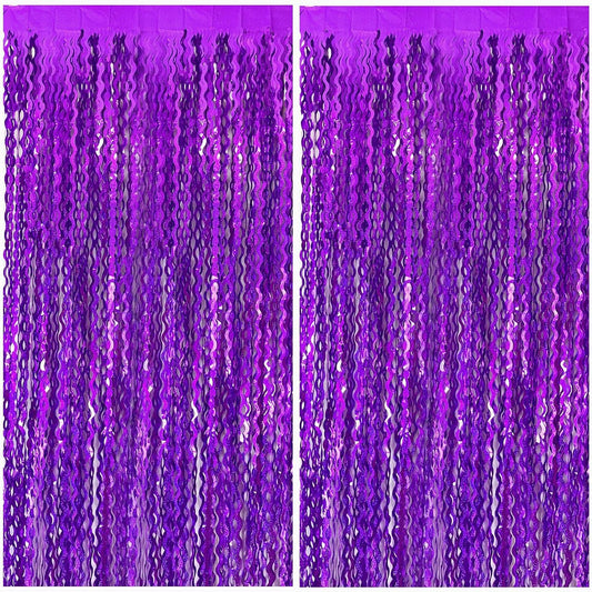 2 Pack Purple Backdrop Tinsel Foil Fringe Curtains Sparkle Metallic Wavy Foil Fringe Backdrop Curtain Photo Booth Props for Halloween Party Decorations Birthday Graduation Bachelorette