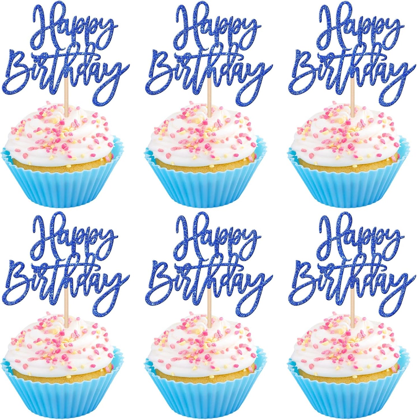 24 PCS Happy Birthday Cupcake Toppers Glitter Picks for Celebrating Anniversary Theme Party Cake Decorations Supplies Dark Blue