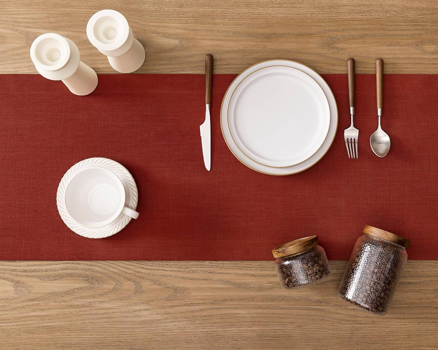 ZeeMart Linen Textured Border Table Runner, 14 x 90 Inch Orange, Farmhouse Style Burnt Orange Fall Table Runners 90 Inches Long, Easy Care Everyday Polyester Table Runner