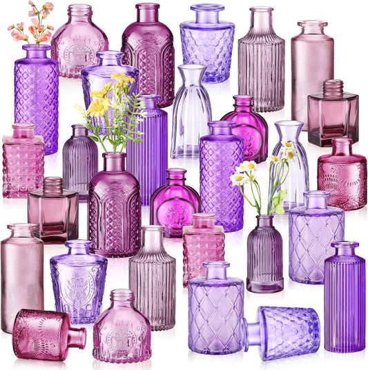 Yaomiao 30 Pcs Vases Bulk Colored Flower Glass Vases Bud Vintage Colored Glass Bottles Colorful Rustic Embossed for Home Wedding Table Decorations Gifts(Purple Series)