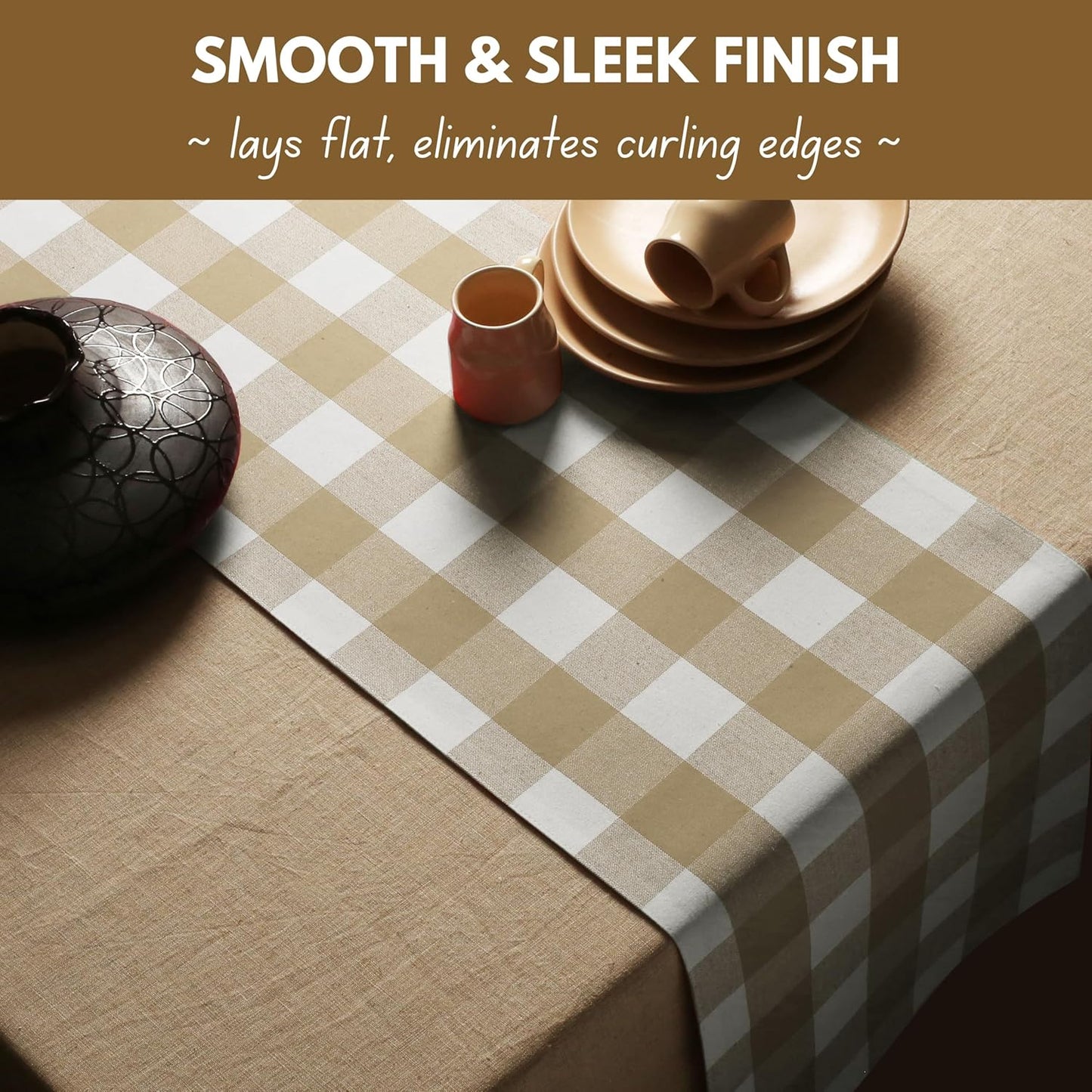 Native Fab Table Runner Buffalo Check Plaid 100% Cotton - 13x108 Inches Kitchen Dining Table Decoration for Indoor Outdoor Farmhouse Home Party Decor - Beige and White