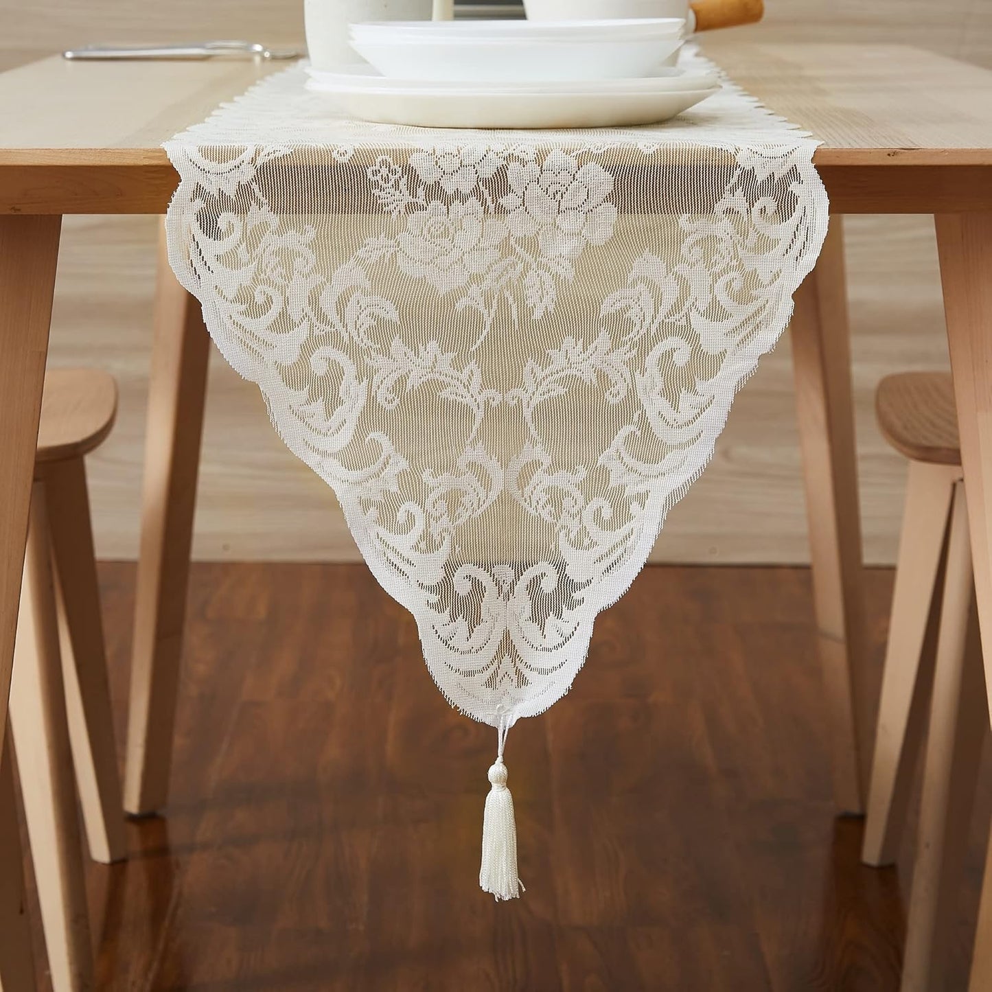 LinenZone Ivory Table Runner with 2 Tassels for Rustic Vintage Decor. Lace Table Runner Works Great As Wedding, Thanksgiving or Christmas Table Decor (Mia 14 x 72, Ivory)