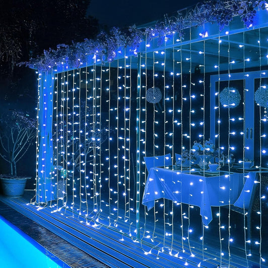 Dazzle Bright 300 LED Curtain String Lights, Christmas Fairy Lights for Bedroom with 8 Lighting Modes, Connectable Waterproof Window Lights Party Wedding Garden Wall Decor, Blue