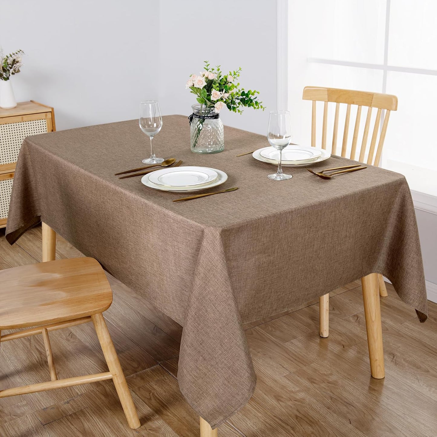 Hiasan Faux Linen Rectangle Tablecloth - Wrinkle and Stain Resistant Washable Table Cloth for Kitchen Dining Room Holiday Table Cover for Party Dinner, Khaki, 60 x 84 Inch