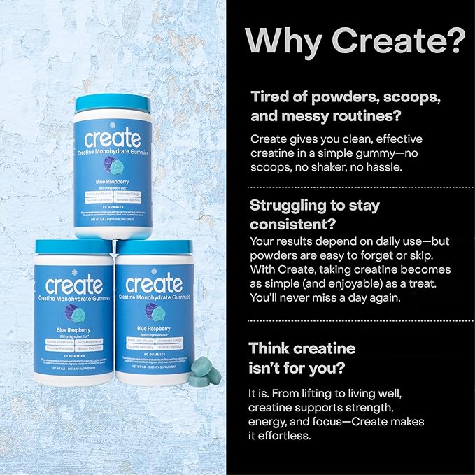 Create Creatine Monohydrate Gummies for Men & Women, Boost Focus, Strength, and Endurance, Anti-Melting Formula, Vegan, Gluten-Free, Non-GMO, 1.5g of Creatine per Gummy (Blue Raspberry, 90 ct)