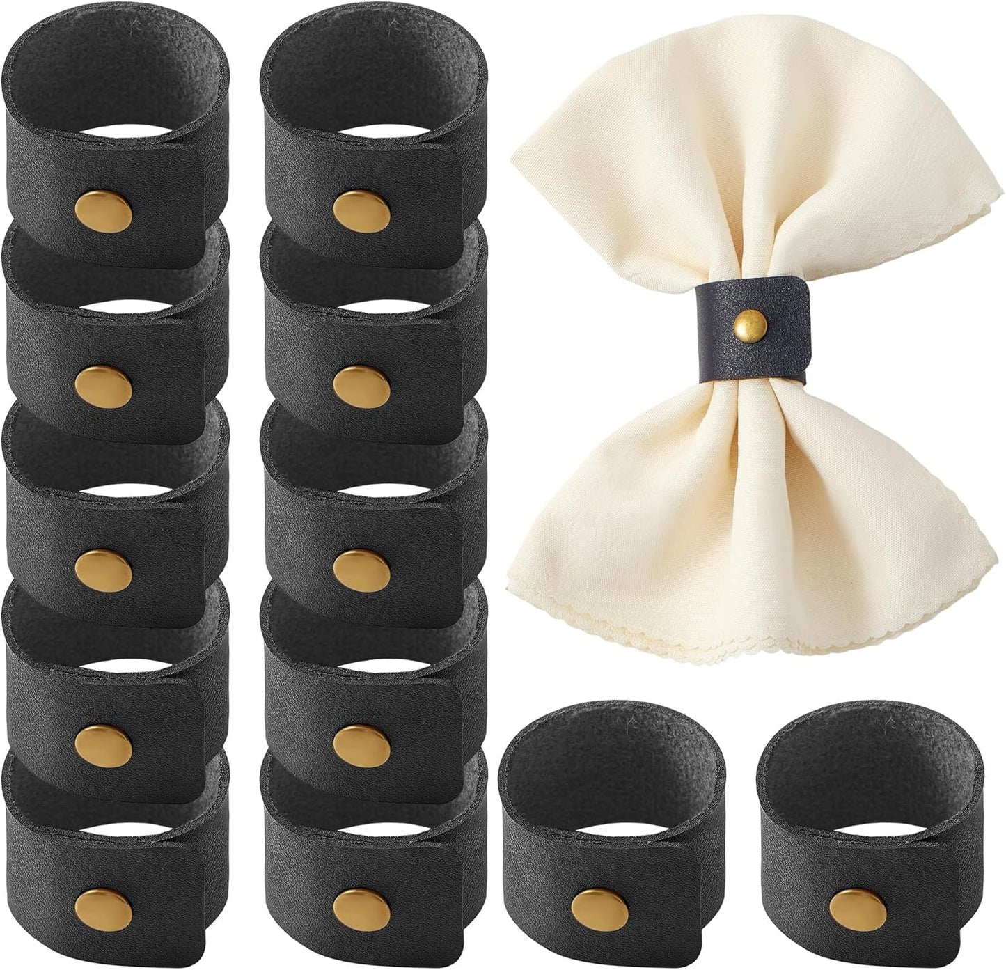 APTWOW Leather Napkin Rings Set of 12 - Fall Thanksgiving Napkin Holder, Black Halloween Vintage Farmhouse Napkin Rings Bulk for Wedding Party Birthday Banquet Table Decor and Daily Use