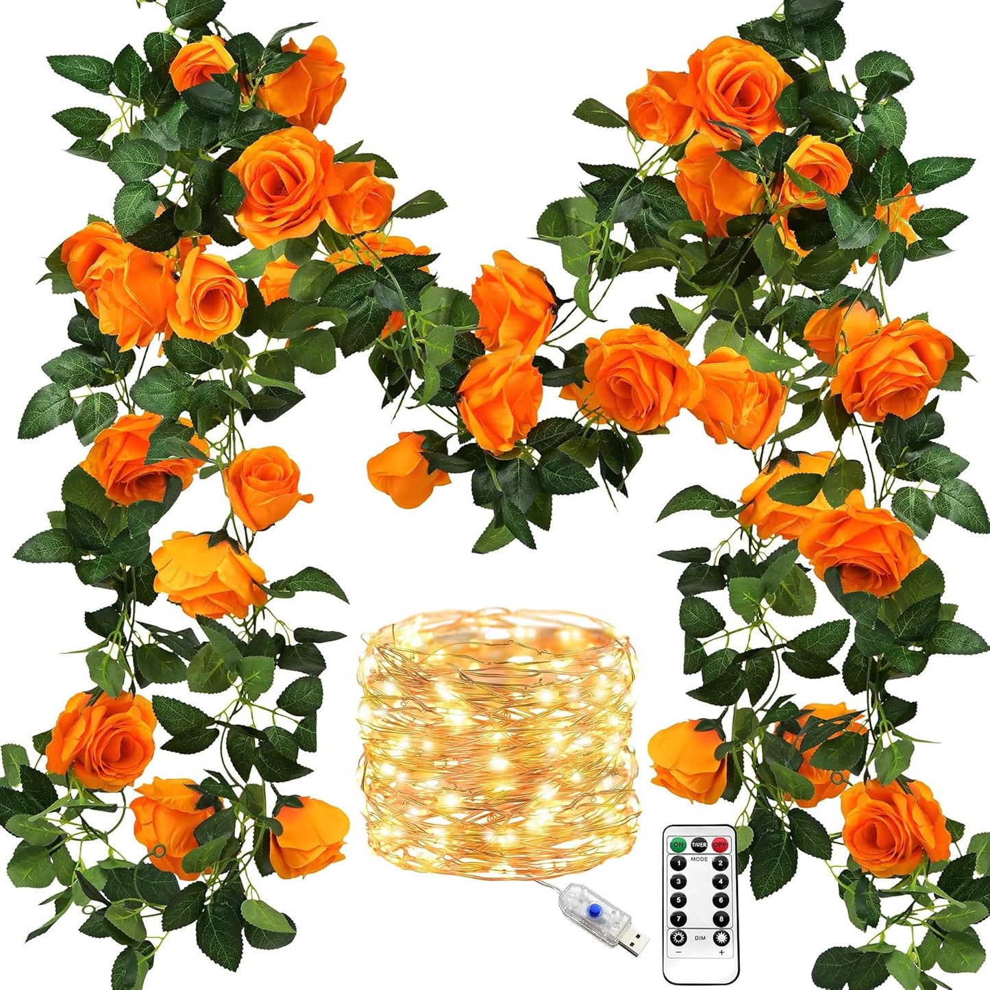 FiveSeasonStuff 29 Ft 4 Pack Mandarin Orange Rose Silk Flower Garland Artificial Flowers Decoration Hanging Floral with 66 feet String Lights