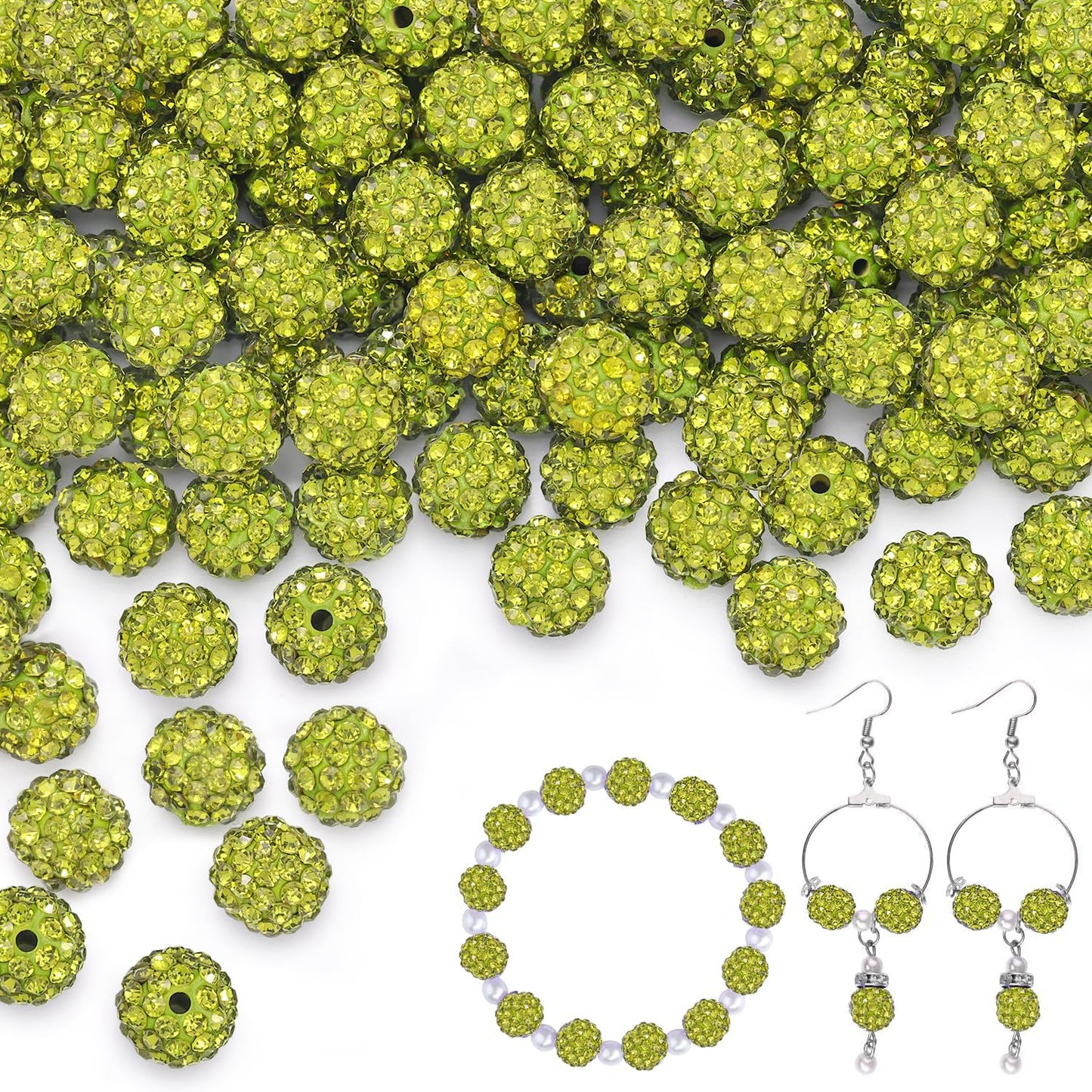 100 pcs 10mm Rhinestone Beads for Jewelry Making, Olivine Shiny Round Shamballa Disco Beads Bulk, Sparkle Crystal Clay Christmas for Bracelet Baseball Necklace Earring Crafting and DIY