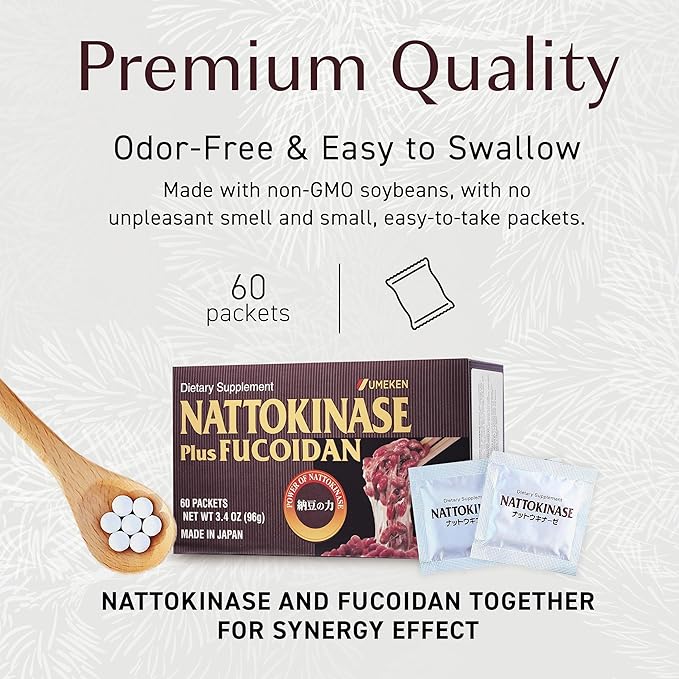Nattokinase Plus Fucoidan for Circulatory Support, 2500FU Natto, Blood Circulation Supplements, Odor Free & Easy to Take Nattokinase Supplement, Okinawan Fucoidan, 2 Month Supply, 60 Count, Pack of 1