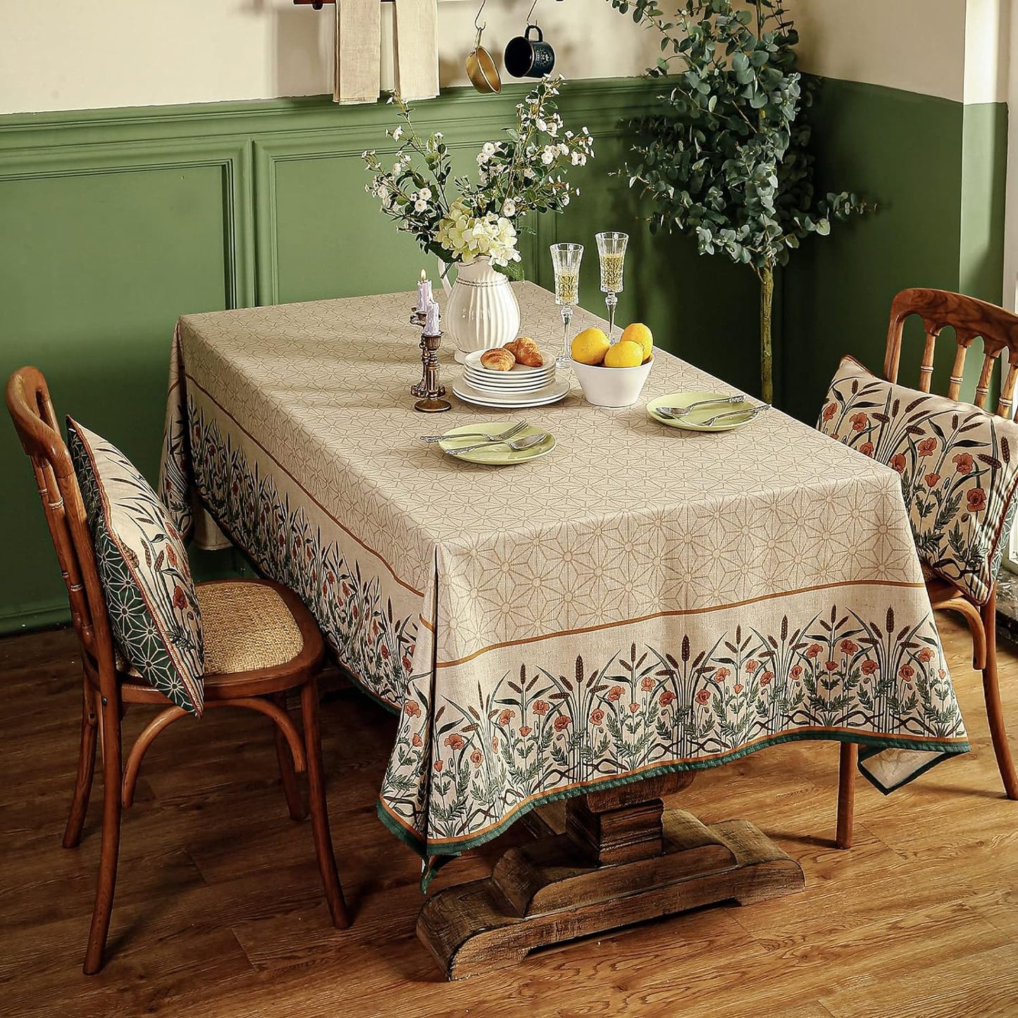 patdrea Designer Linen Rectangle Table Cloth,Vintage Anti-Wrinkle Durable Breathable French Extra Long Tablecloth,Dacorative for Kitchen Dining,Holiday,Christmas,Thanksgiving,67"x118"-Cudillero