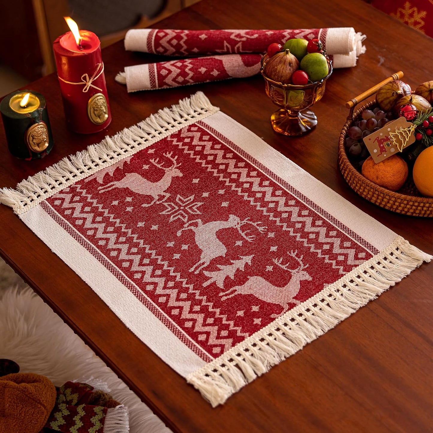 Placemats Set of 4,Elk Placemat with Tassel Fringe,Christmas Placemats for Coffee Table Western Restaurant