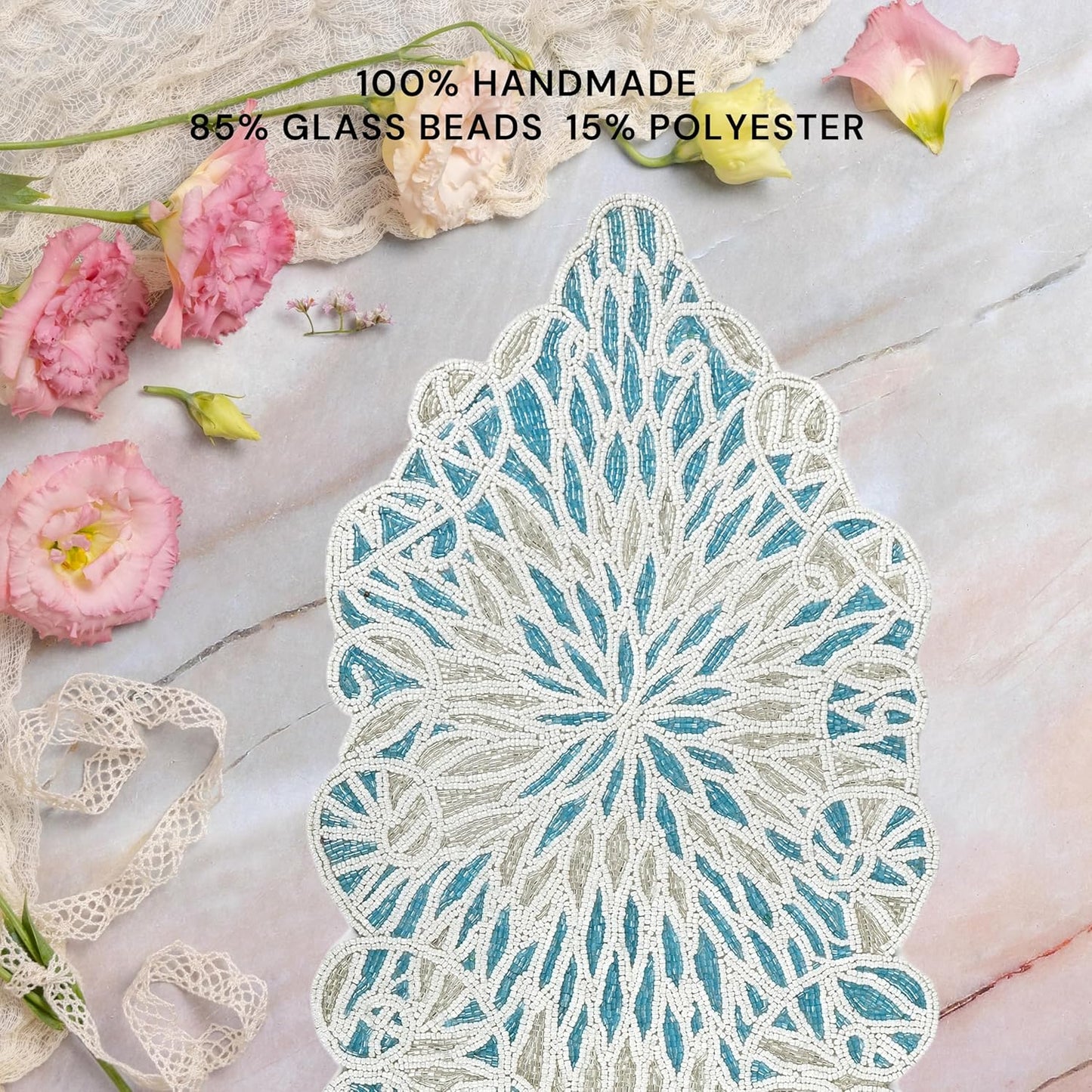 Handcrafted Beaded Table Runner – Elegant, Stain-Resistant Glass Bead & Polyester Glitz Accent for Farmhouse, Wedding, Bridal Shower, Dinner Table & Holiday Decor (Sky Blue White) - CLEENTABLE