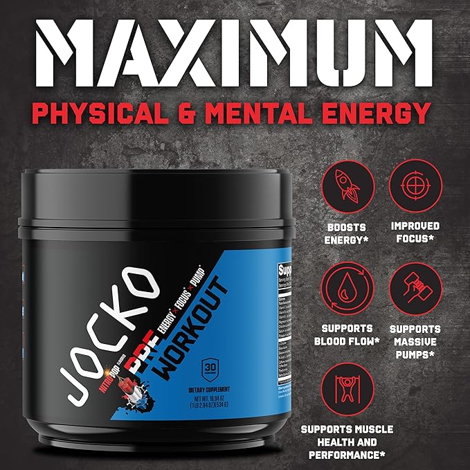 Jocko Fuel Pre Workout for Men & Women - High Stim Low Sugar Blend with Beta Alanine + L-Citrulline, Support Muscle Pump, Energy, & Recovery, 200mg of Caffeine Nitro Pop, 30 Servings 1.31lbs (594 G)