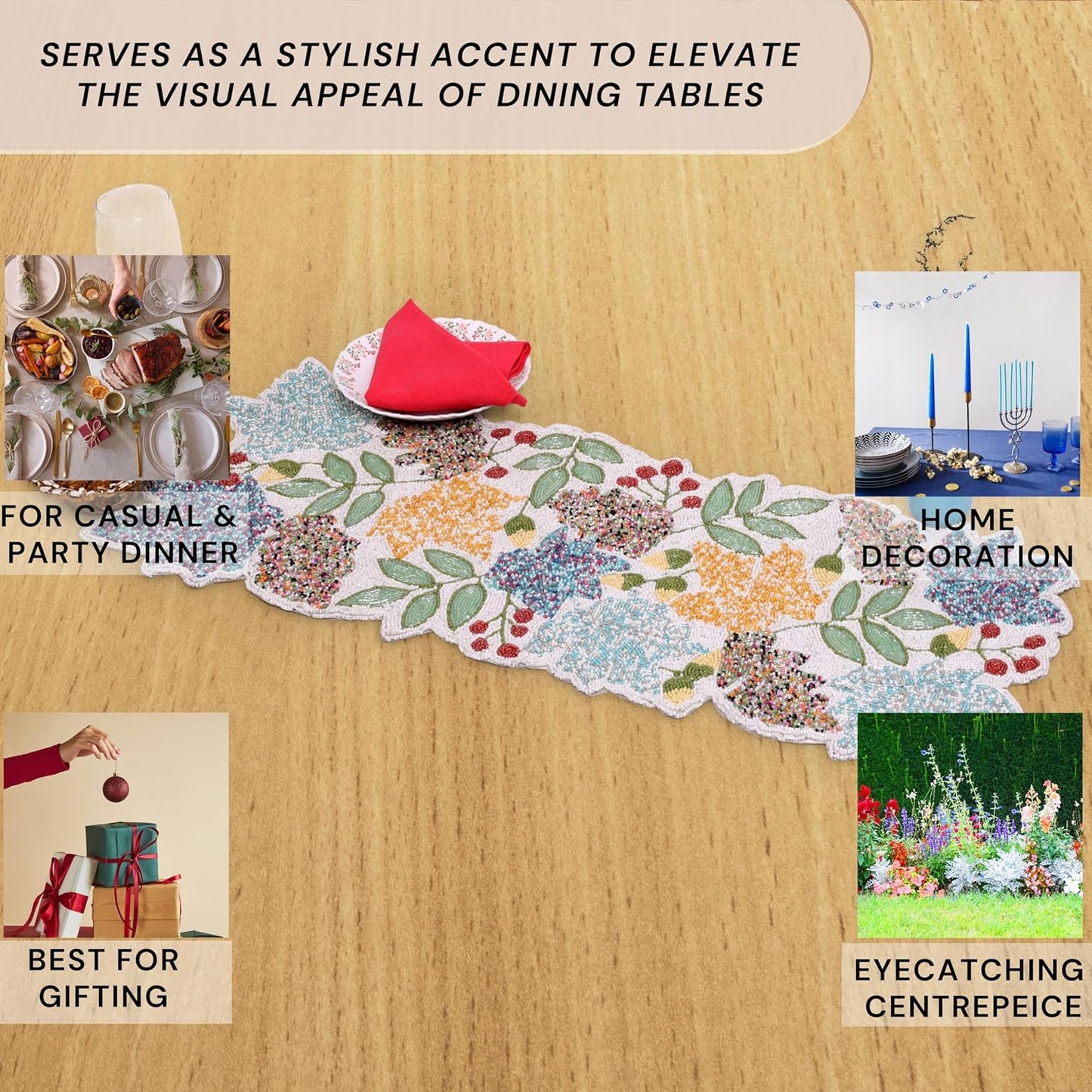 Boho Beaded Table Runner - 36" Handcrafted Glass Beads Floral Design with Durable Non-Slip Polyester Backing for Dining, Coffee Table & Special Occasions (Multi) - CLEENTABLE