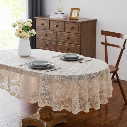 LinenZone Linen Oval Tablecloth for Rustic Vintage Decor - Sheer Lace Works Great as Wedding, Thanksgiving or Christmas Tablecloth (Mia Oval 84, Linen)