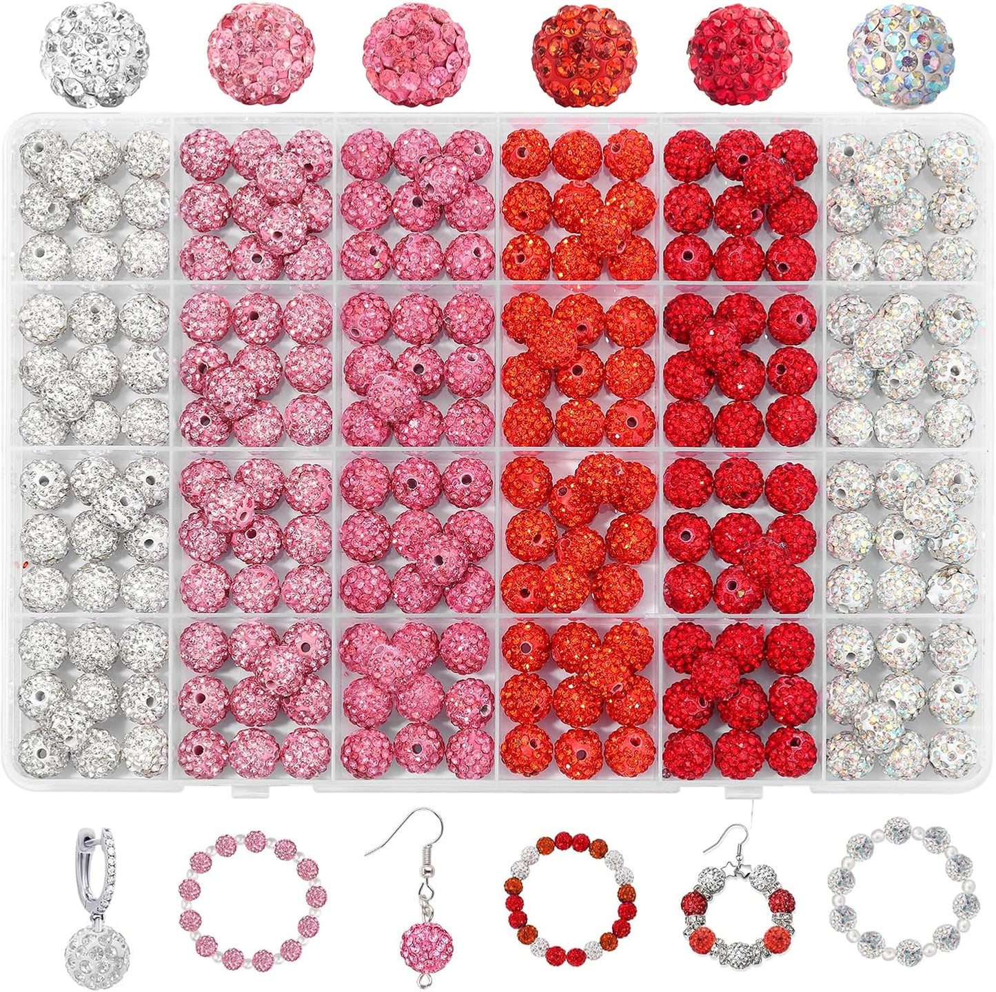 Novani 240pcs 10mm Pink Rhinestone Beads for Jewelry Making, Round Clay Beads with 1.8mm Aperture, Disco Ball Effect