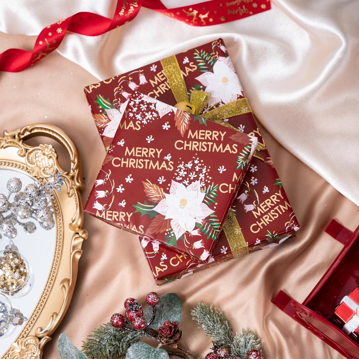 LeZakaa Christmas Wrapping Paper Roll - Red Flower & Merry Christmas Gold Foil Pattern for Holiday, Party - 17 inches x 32.8 Feet (46.45 sq.ft.)