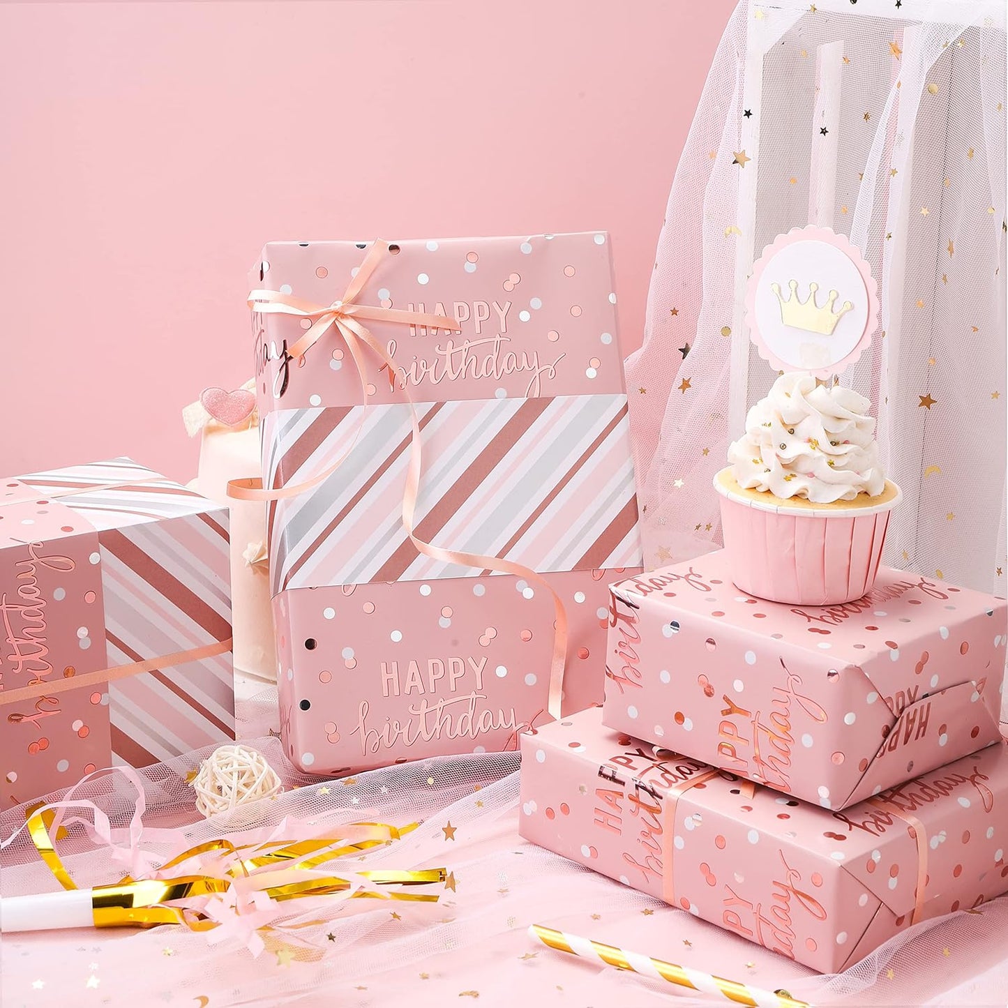 LeZakaa Reversible Pink Birthday Wrapping Paper Roll for Girls Women, Happy Birthday Lettering & Stripe Pattern with Metallic Foil in Pink, Mini Roll, 17 inches x 32.8 Feet (46.45 sq.ft.)
