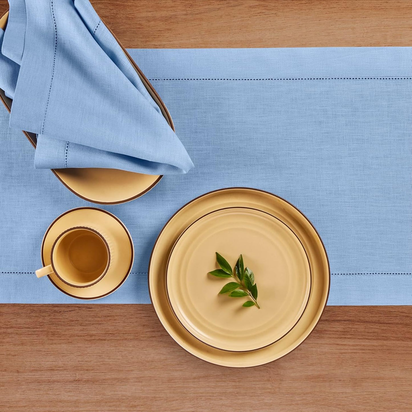 Solino Home Linen Cornflower Blue Hemstitch Table Runner 48 Inches - 100% Pure Linen Small Table Runner 14 x 48 Inch Ideal for Dresser and Coffee Tables - Classic Hemstitch - Christmas, Holiday