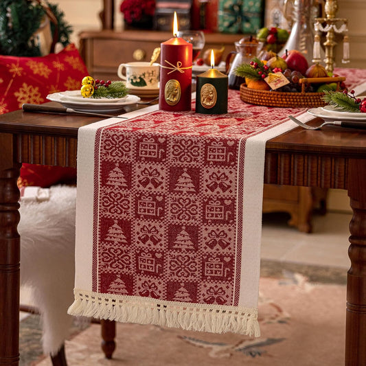 Table Runners 107 Inches,Christmas Tree Table Runner with Tassel Fringe,Gift Table Runner for Party，Coffee Table, Festival