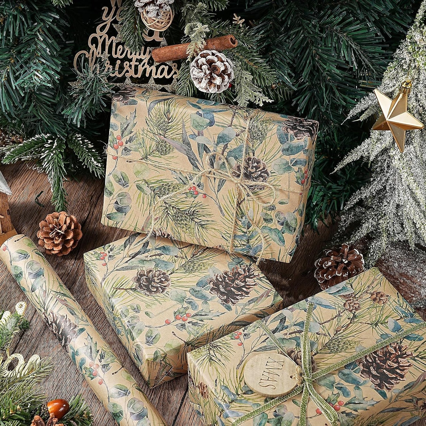 RUSPEPA Kraft Christmas Wrapping Paper Roll, Mini Roll, Watercolor Pinecone and Eucalyptus Leaf Design, Kraft Gift Wrap for Christmas, Winter Holiday Party, Rustic Natural Theme, 17 Inches x 16.4 Feet