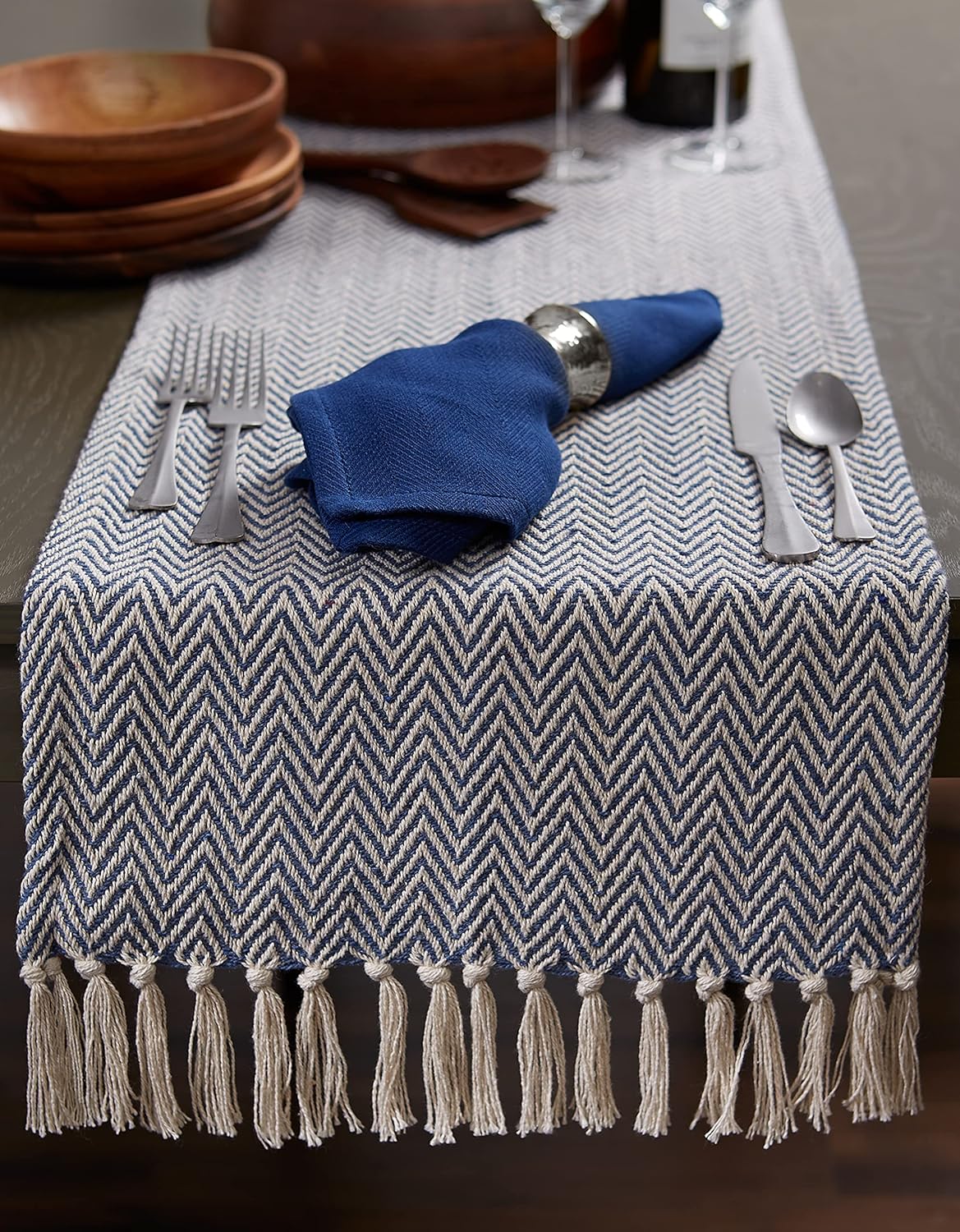 DII Woven Basic Tabletop Collection, Chevron Table Runner, 15x108, French Blue