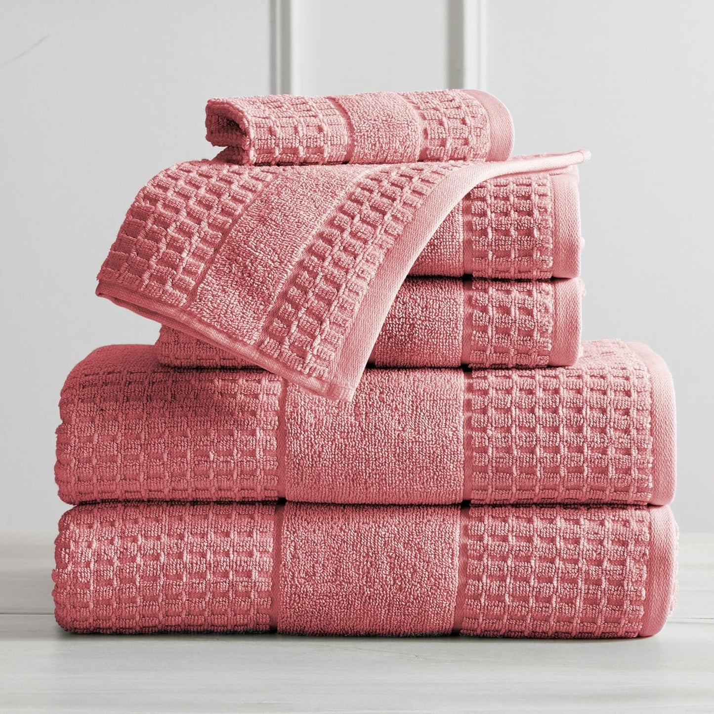 100% Cotton Super Soft Luxury Towel Set | Quick-Dry and Highly Absorbent | Waffle Textured | 550 GSM | 2 Bath Towels, 2 Hand Towels, & 2 Washcloths | Harper Collection (Rose)