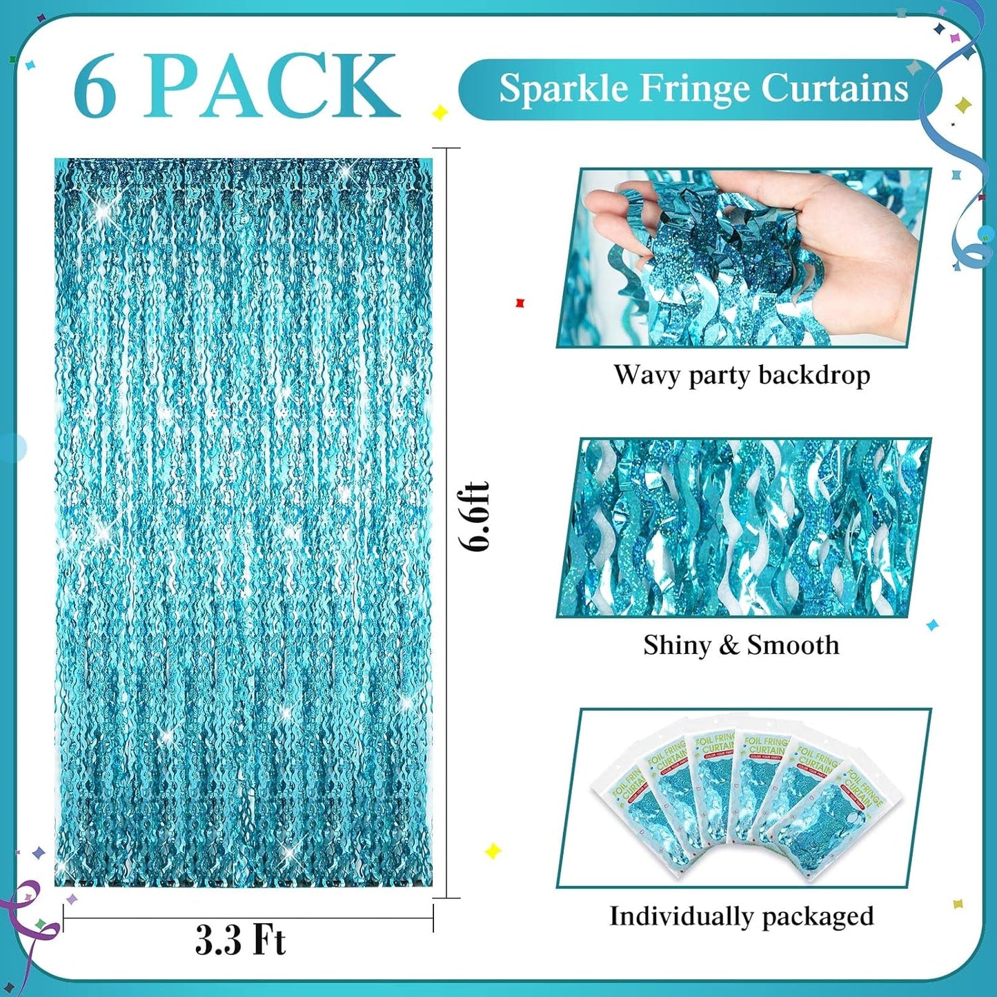 Jutom 6 Pieces 3.3 x 6.6 ft Wavy Tinsel Foil Fringe Curtains Foil Fringe Streamer Backdrop Party Curtain for Sea Mermaid Baby Shower Birthday Party Decoration(Blue Green)