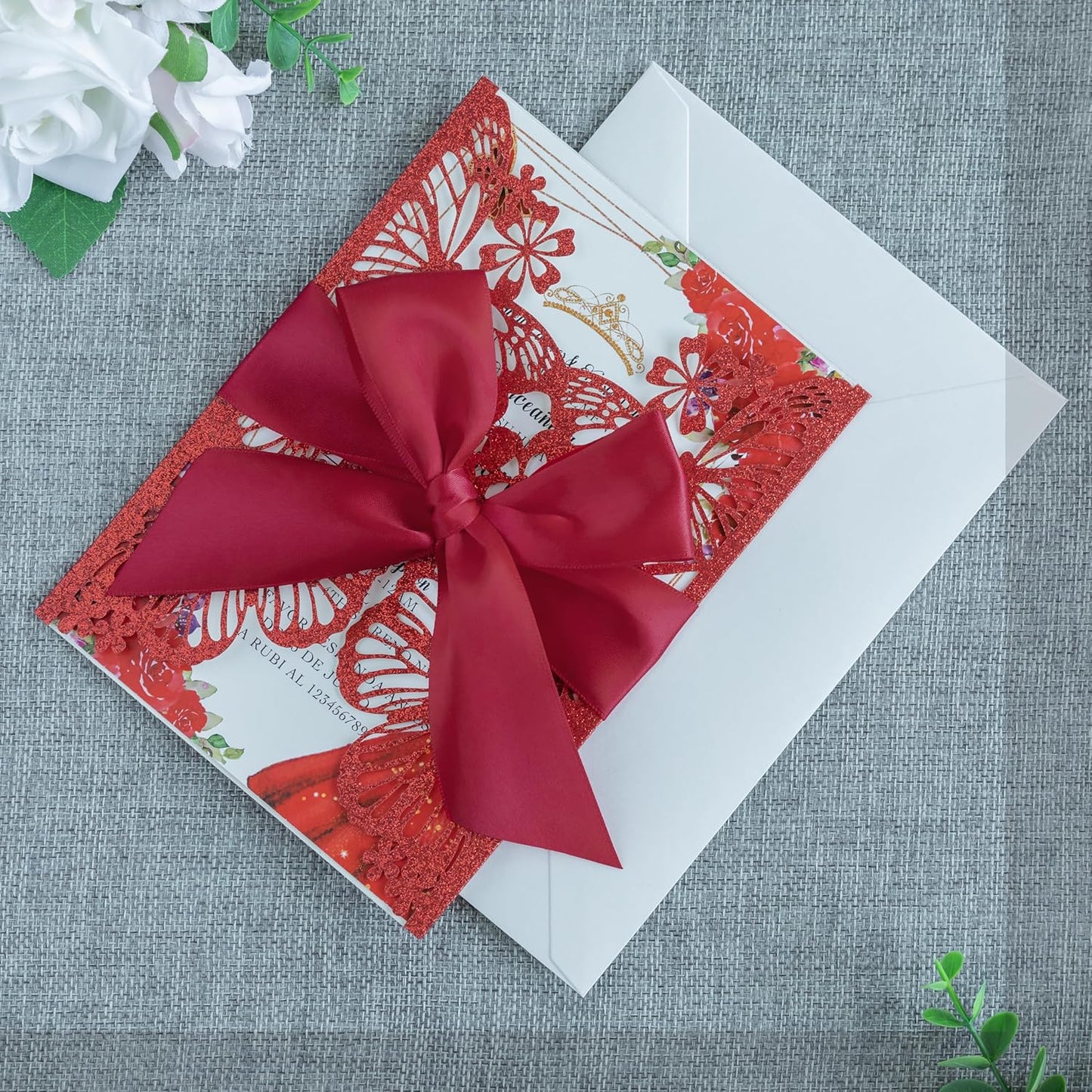 20 PCS 5.12x7.2 Butterfly Quinceanera Invitation, Laser Cut Wedding Invitation Cards with Envelopes for XV Anos Bridal Shower Baby Shower Invite (Red Glitter)