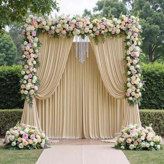 10ftx12ft Wrinkle Free Beige Backdrop Curtain, 2 Panels 12FT Height Beige Wedding Backdrop Drapes, Silky Polyester Back Drop Cloth for Birthday Photography Background Party Backdrop Draping