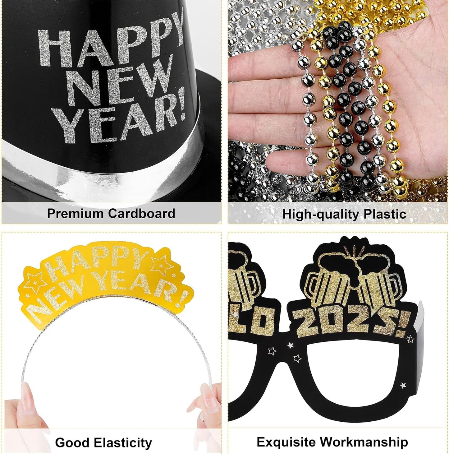 Fovths 264 Pieces 2025 New Years Eve Party Supplies Includes Glasses Top Hats Headband Noisemakers Horns Bead Necklaces Plastic Leis New Year Party Favors for Celebration Decoration Gift