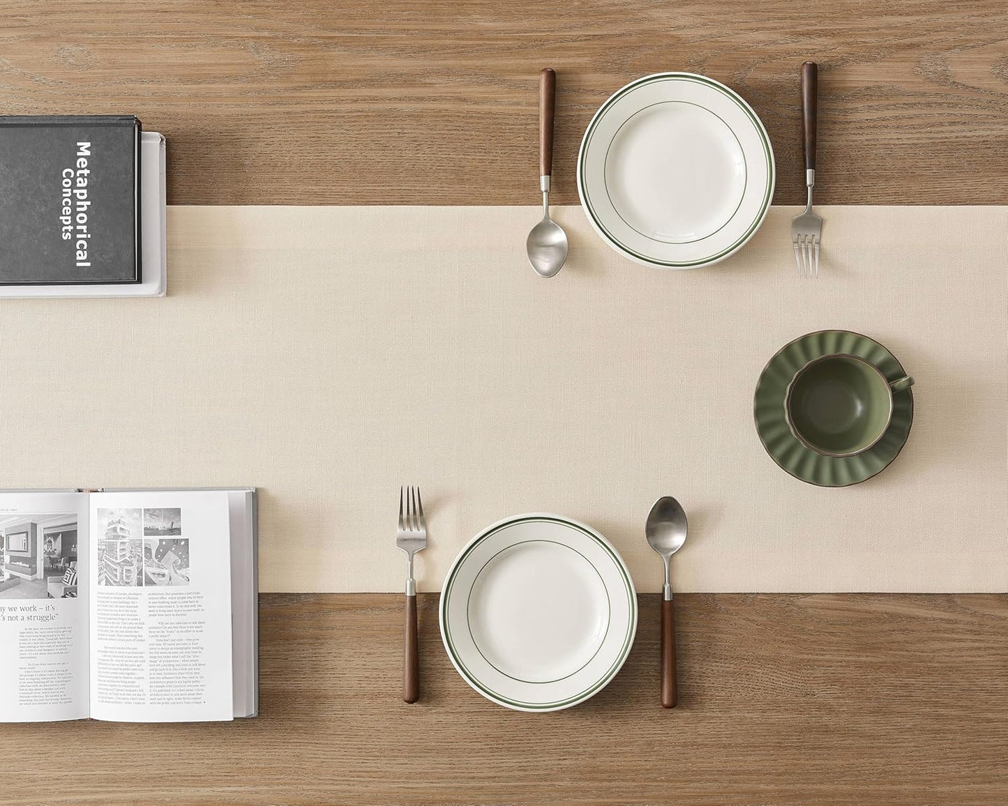 ZeeMart Linen Textured Border Table Runner, 14 x 108 Inch Cream, Farmhouse Style Cream Table Runners 108 Inches Long, Easy Care Everyday Polyester Table Runner