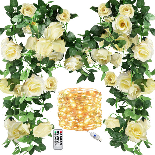 FiveSeasonStuff Product Image 29 Ft 4 Pack Cream White Rose Silk Flower Garland Artificial Flowers Decoration Hanging Floral with 66 feet String Lights