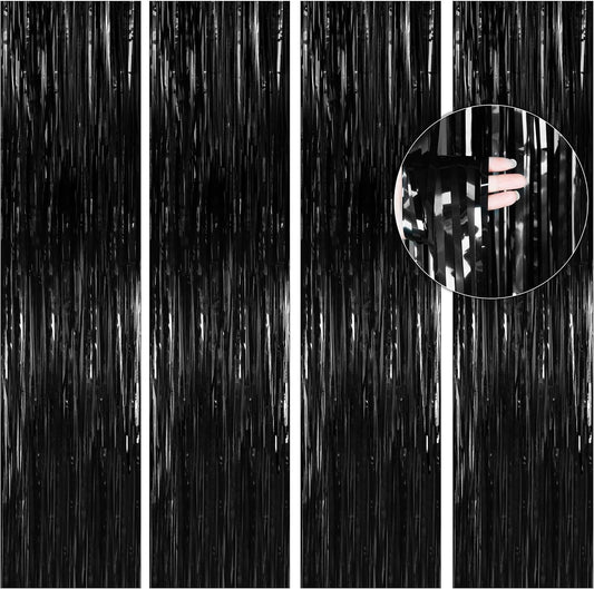 BTSD-home 4 Pack Black Foil Fringe Curtain Backdrop Metallic Photo Booth Backdrop Tinsel Curtains for Bachelorette Birthday Bridal Shower Party Decorations(3ft x 8ft)