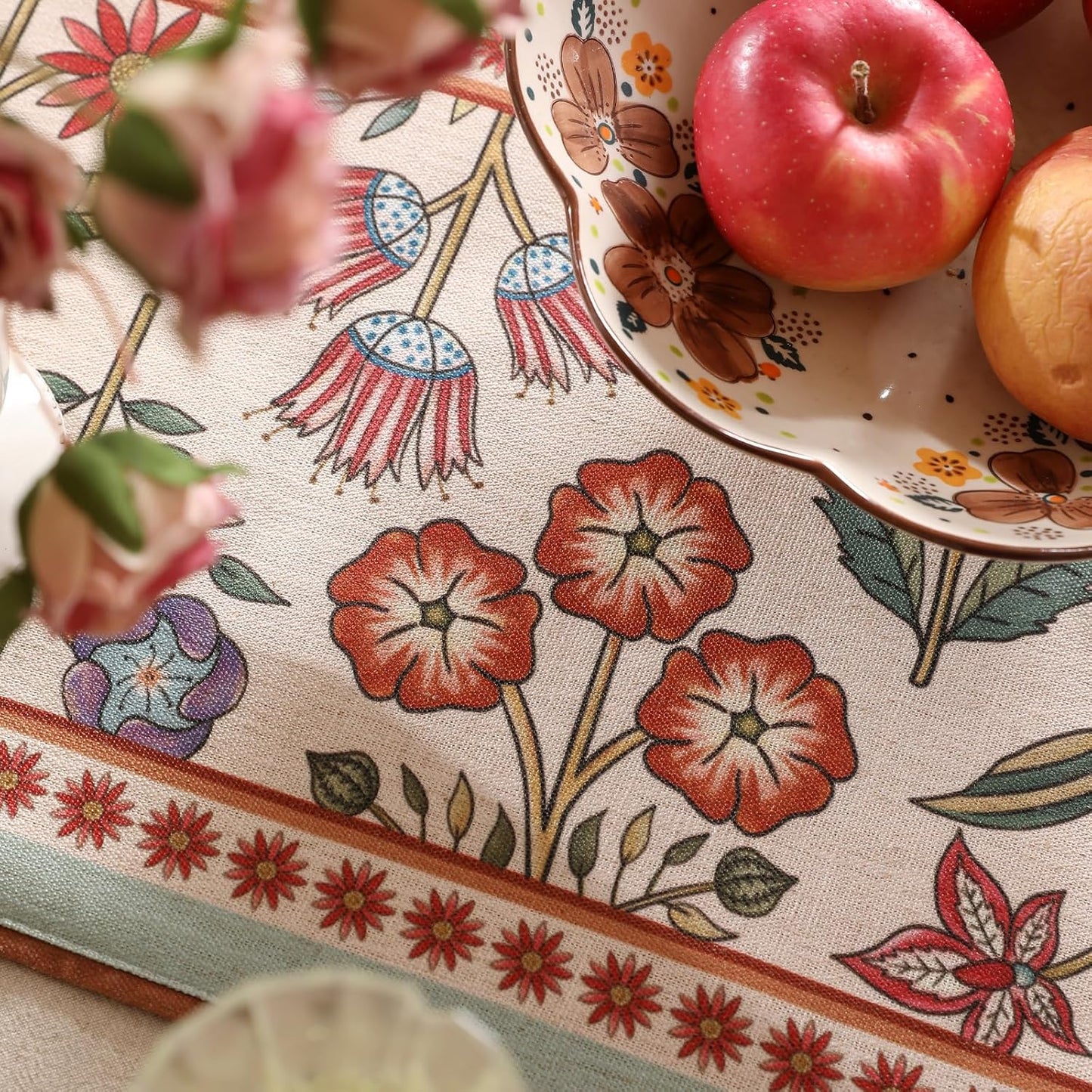 Decorative Linen Small Table Runner 63 Inches Long,Green Floral Rustic Fall Runner for Table Decor Tabletop Table Runners for Kitchen,Dining,Party,Home,Christmas,12"*63"