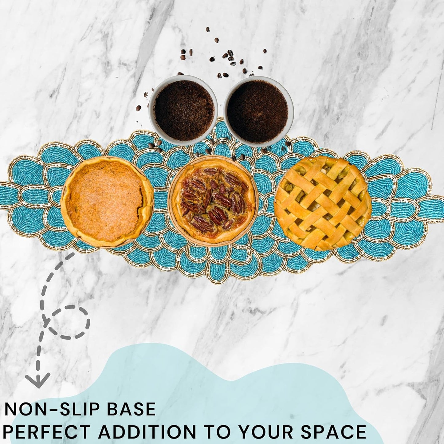 Beaded Table Runner 13 x 36 Inches - Handmade Decorative Dining Table Centerpiece with Glass Beads & Polyester Back, Elegant Runner for Weddings, Parties & Holiday Décor (Blue & Gold) - CLEENTABLE