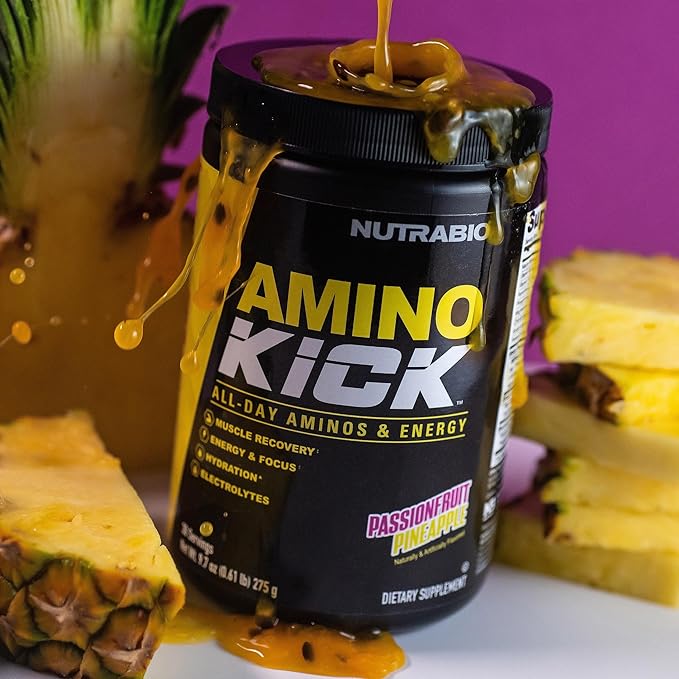 NutraBio Amino Kick – BCAA Powder with Natural Caffeine – Amino Acids Supplement for Energy, Hydration & Recovery – BCAAs, Electrolytes & Amino Acids – Pineapple Passionfruit, 30 Servings
