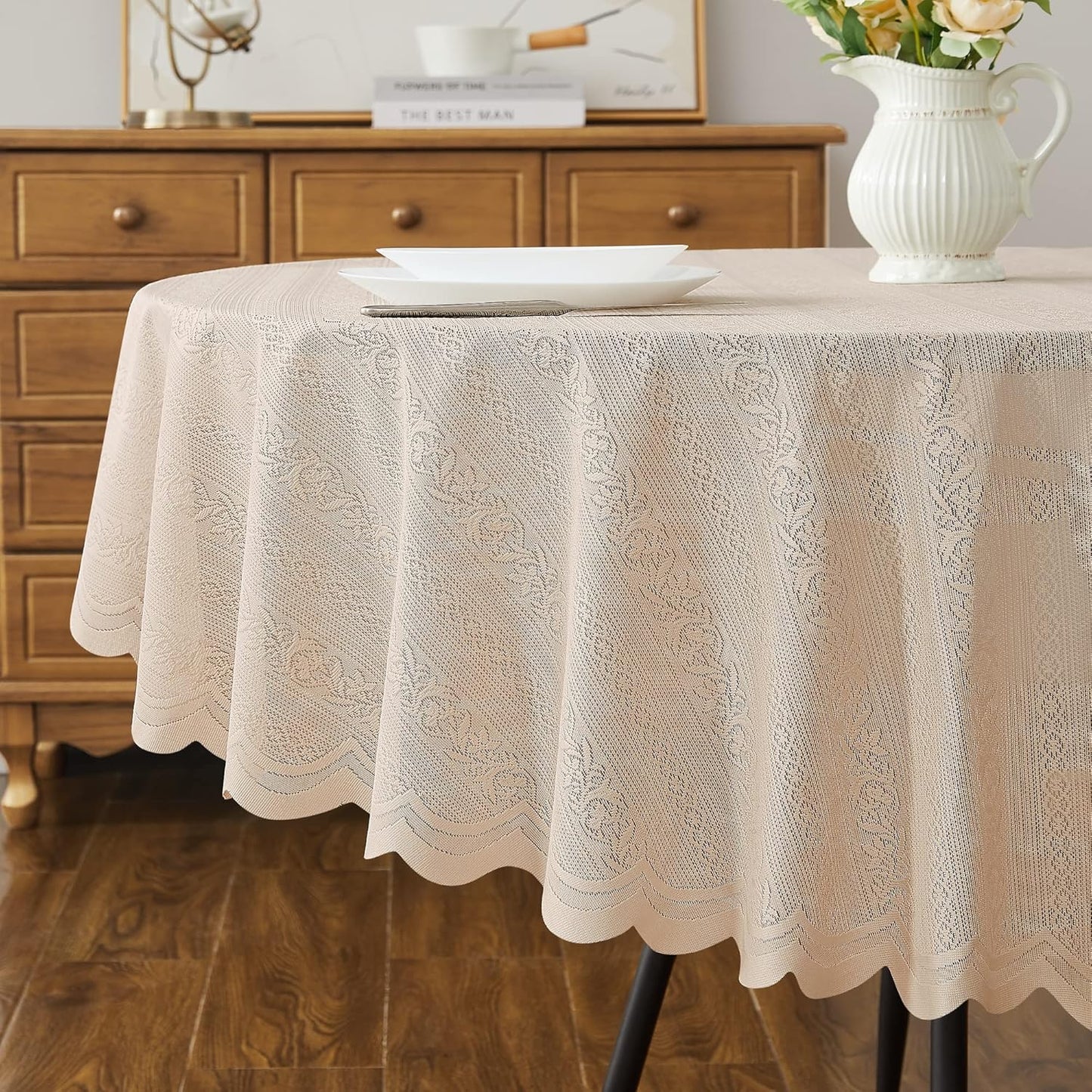LinenZone Round Lace Tablecloth with Elegant Scalloped Bottom for Any Special Event Such as Wedding, Birthday Party, Baby Shower, Anniversary. Sits 4 to 6 People. (Linda 70 Round, Linen)