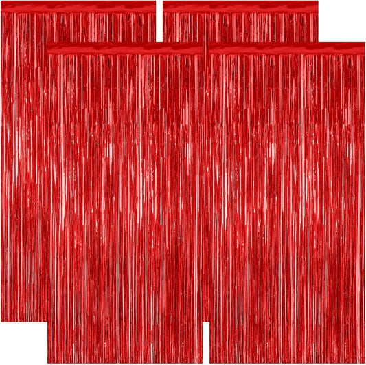 4 Pack Red Backdrop, 3.28 FT x 7.05 FT Party Streamer, Metallic Birthday Tinsel Backdrop Foil Fringe Curtains, Door Streamer for Red Party Decorations Casino Decor Photo Booth Props