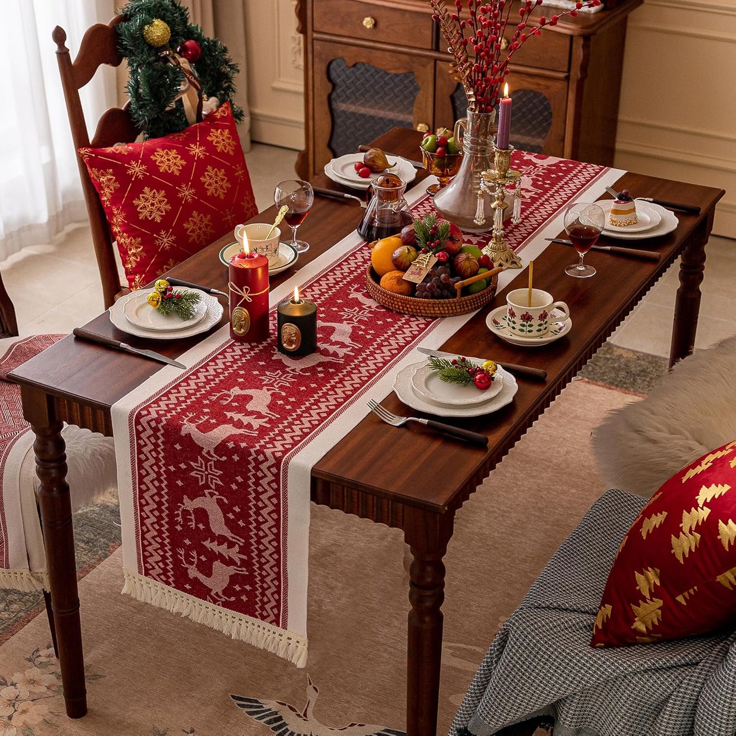 Table Runners 107 Inches,Elk Table Runner with Tassel Fringe,Christmas Table Runner for Party，Coffee Table, Festival