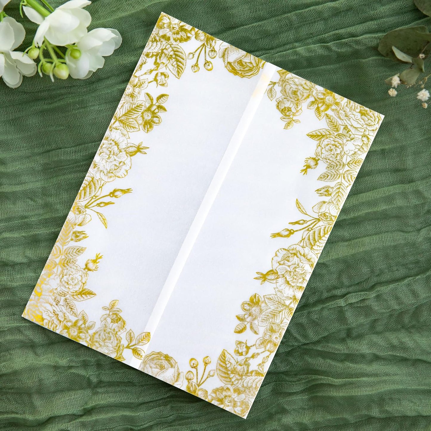 PONATIA 50 PCS Vellum Jackets for 5x7 Wedding Invitation Cards- 135gsm Floral Printed Vellum Sleeves, Invitation Cards Wraps (Champagne Gold Foil)