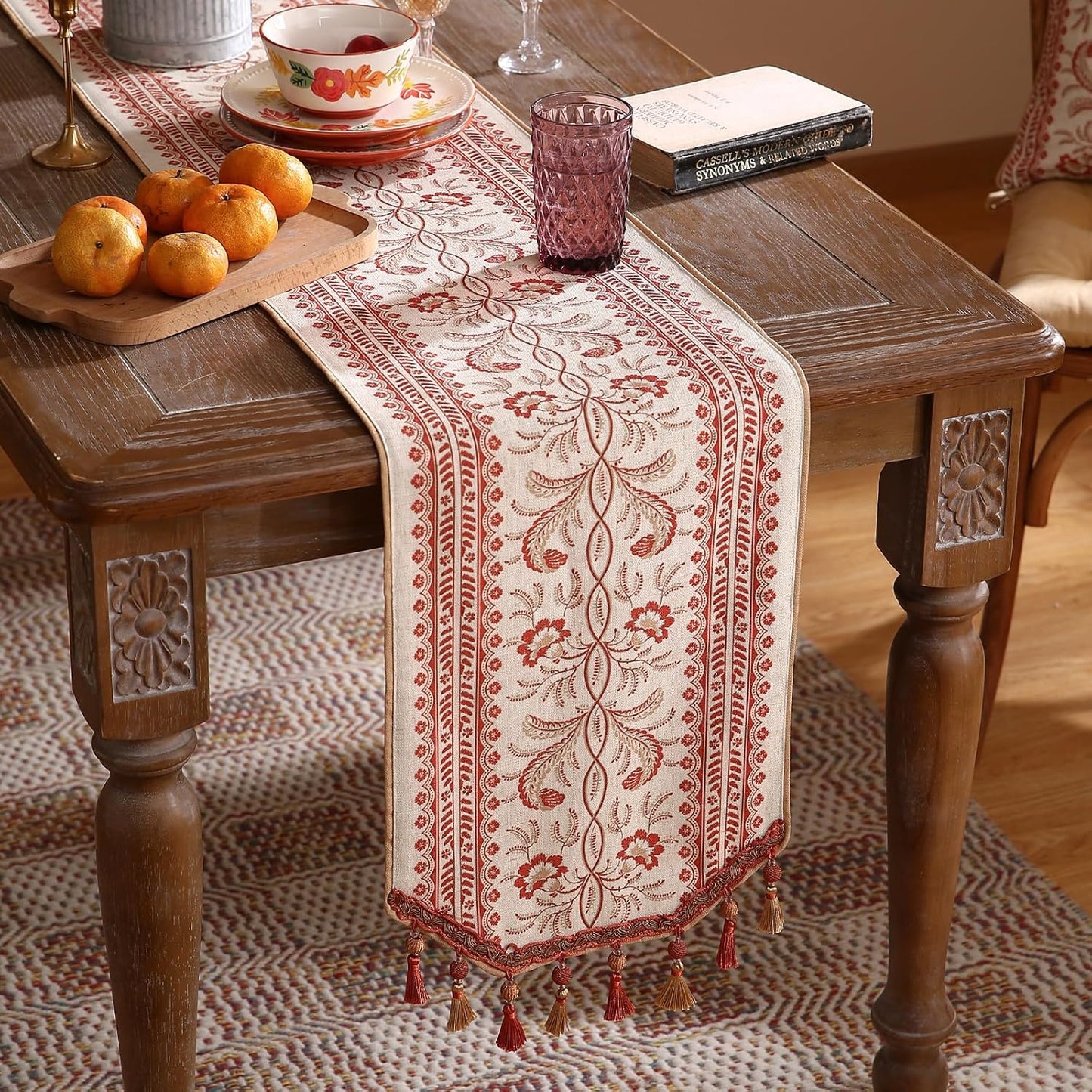 ISAENNE Designer Vintage Linen Table Runner 71 Inches Long,Red Floral Pattern Modern Decor Table Runners for Dining Tables,Thanksgiving,Kitchen Tables,Christmas,Banquet,12"*71"-Chamonix A