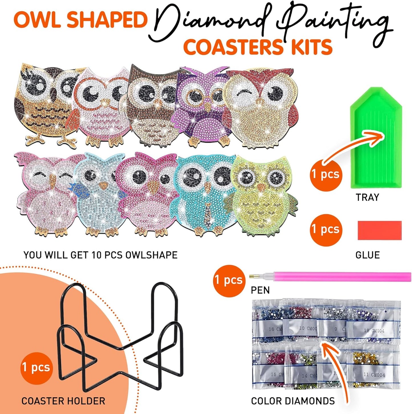 10 pcs Diamond Painting Coasters | Diamond Art Coasters | Owls Diamond Art Painting | Perfect Art Craft Gift for Owl Lover, Dad, Mom, Grandparents, Brother, Sister.