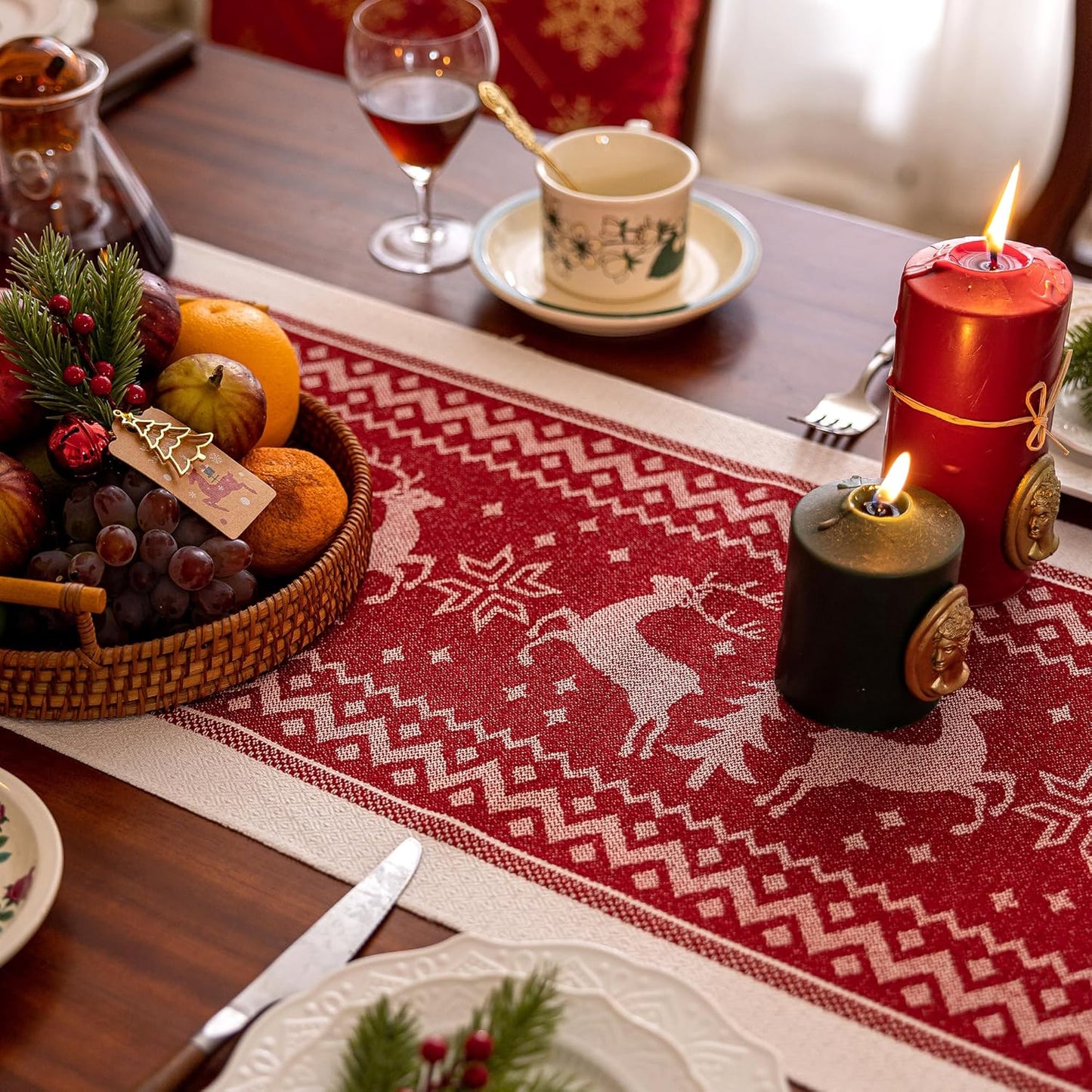 Table Runners 48 Inches,Elk Table Runner with Tassel Fringe,Christmas Table Runner for Party，Coffee Table, Festival