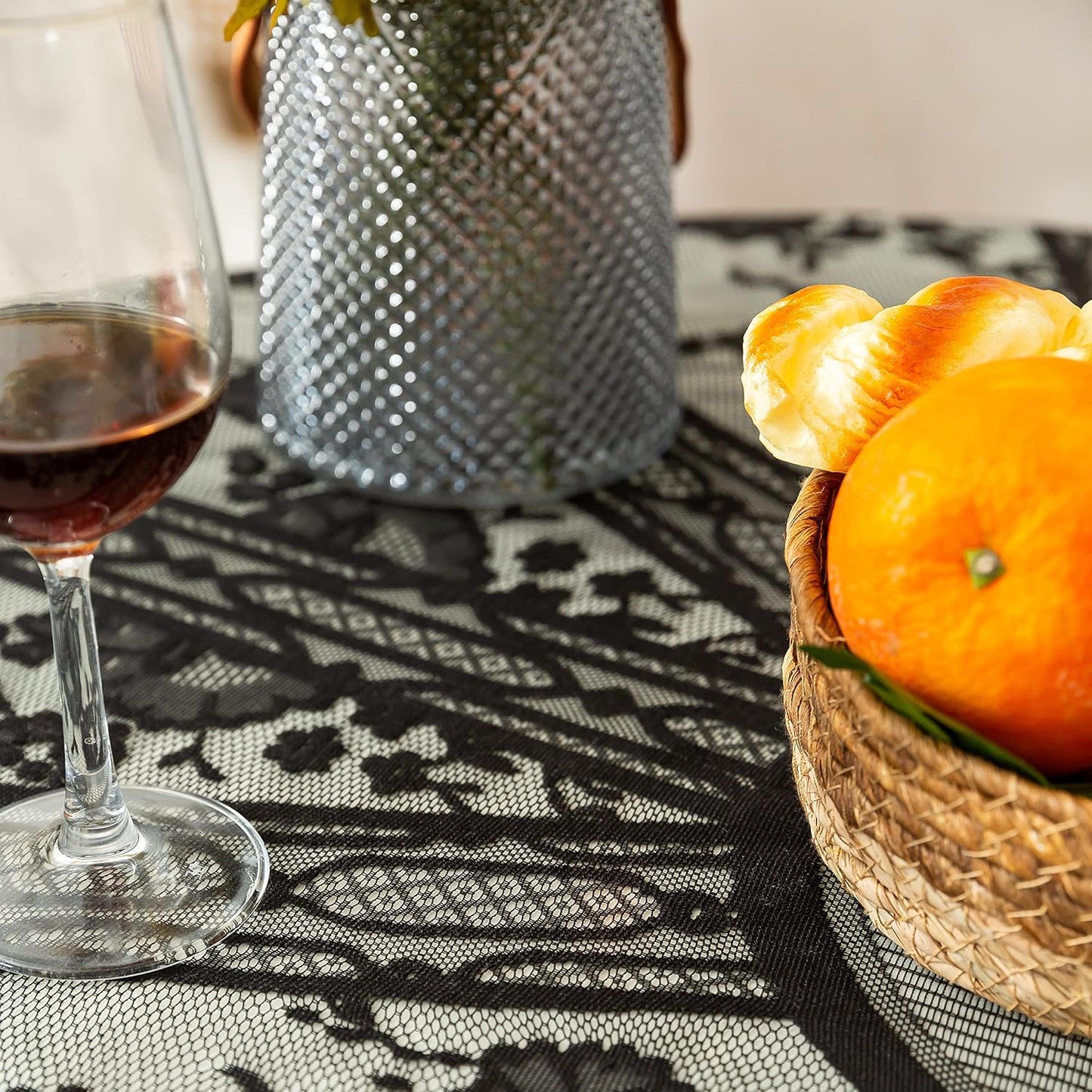 Gorgeous Round Lace Tablecloth,Vintage Floral Embroidered Table Cloths, Chic Round Table Cover for Wedding Banquet HolidayDinner Tables 60INCH (Black)