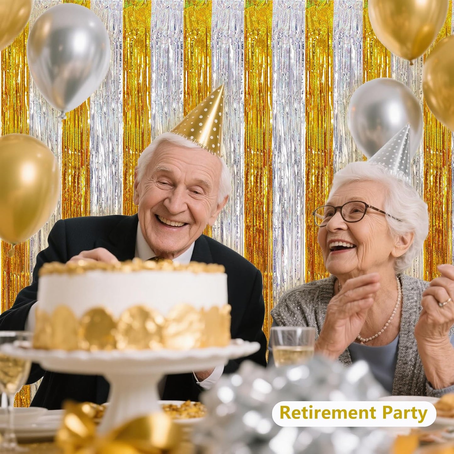 BEISHIDA Gold Silver Door Streamers Backdrop Foil Fringe Tinsel Party Streamers Curtains Photo Backdrop - 2Pcs for Birthday Graduation Bachelorette Party Decoations