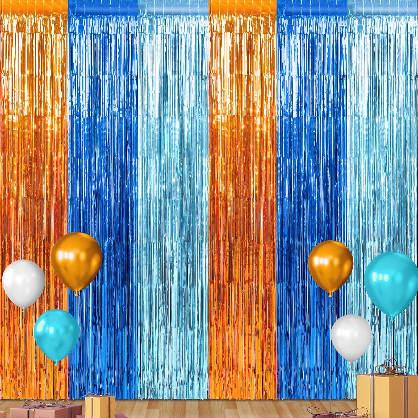 3 Pack 3.3X6.6Ft Blue Dog Foil Fringe Curtains Backdrop Decorations, Orange and Light Blue Birthday Party Tinsel Metallic Streamers Photo Booth Background for Dog Theme Party Supplies