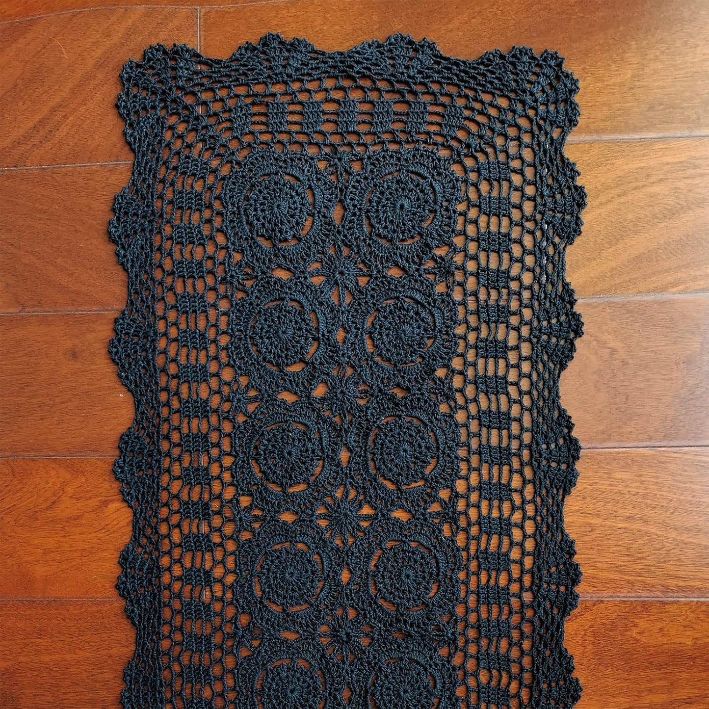 Phantomon Lace Table Runner Rectangular Table Cover Cloth Handmade Crochet Floral Placemats 100% Cotton (Floral Black, 15x39Inch)