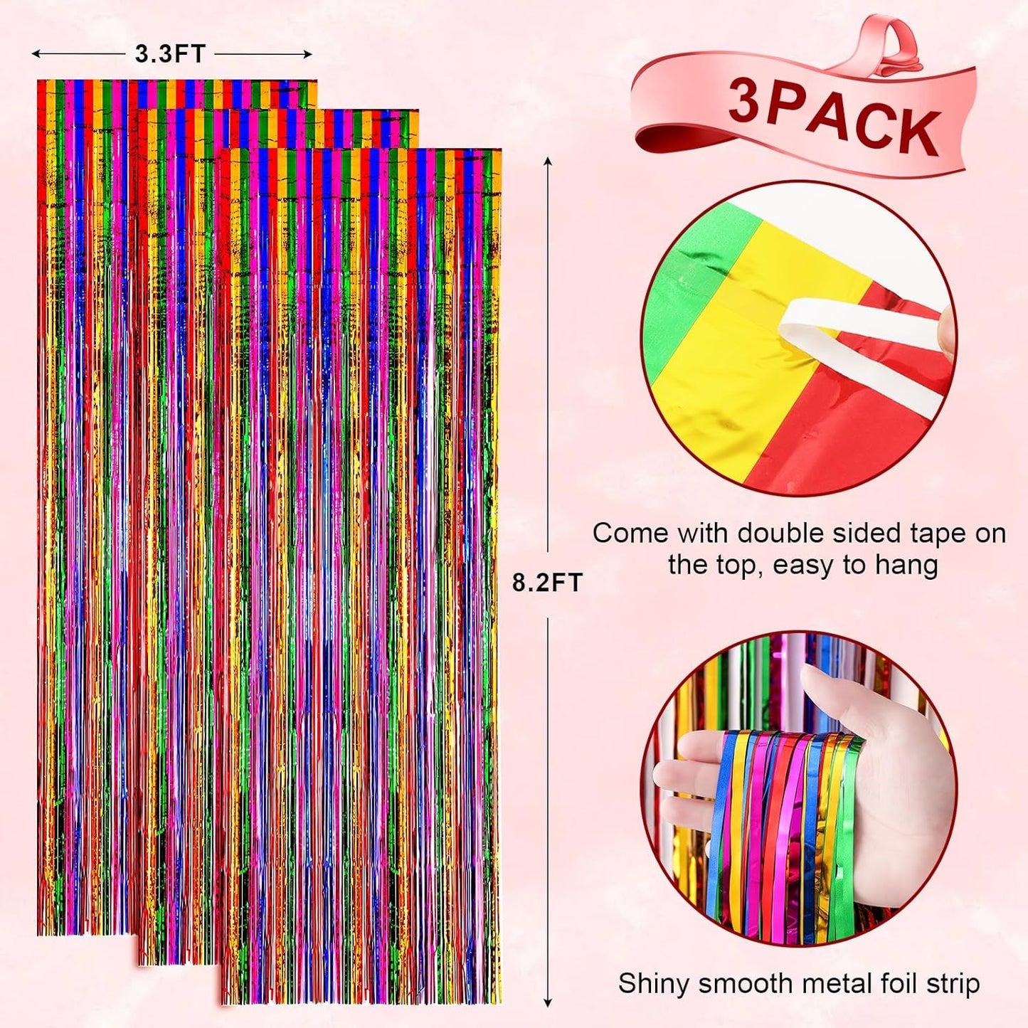 3 Pack 3.3x8.2 Feet Rainbow Foil Fringe Backdrop Curtains, Tinsel Streamers Birthday Party Decorations, Fringe Backdrop for Graduation, Baby Shower, Gender Reveal, Disco Party