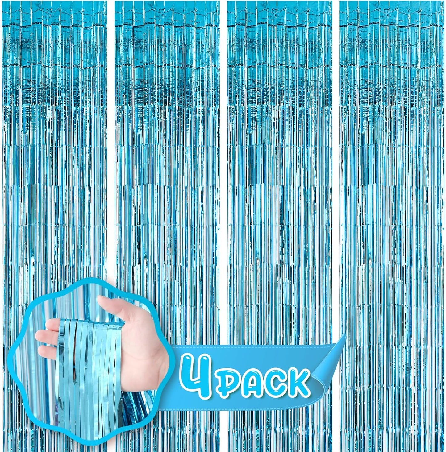 4 Pack 3.3x8.2 Feet Light Blue Foil Fringe Backdrop Curtains, Tinsel Streamers Birthday Party Decorations, Fringe Backdrop for Graduation, Baby Shower, Gender Reveal, Disco Party